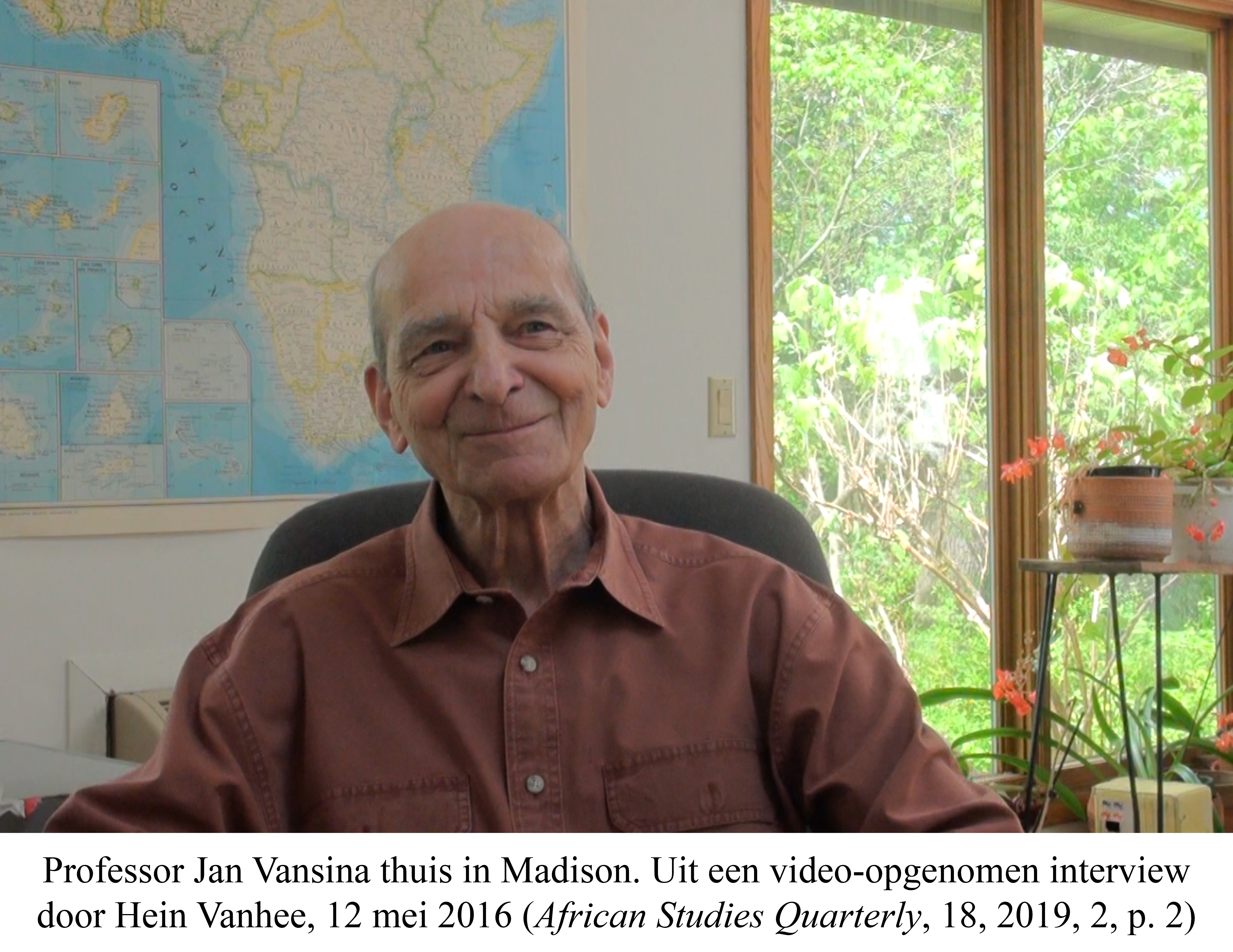 Professor Jan Vansina thuis in Madison. Uit een video-opgenomen interview door Hein Vanhee, 12 mei 2016 (African Studies Quarterly, 18, 2019, 2, p. 2)